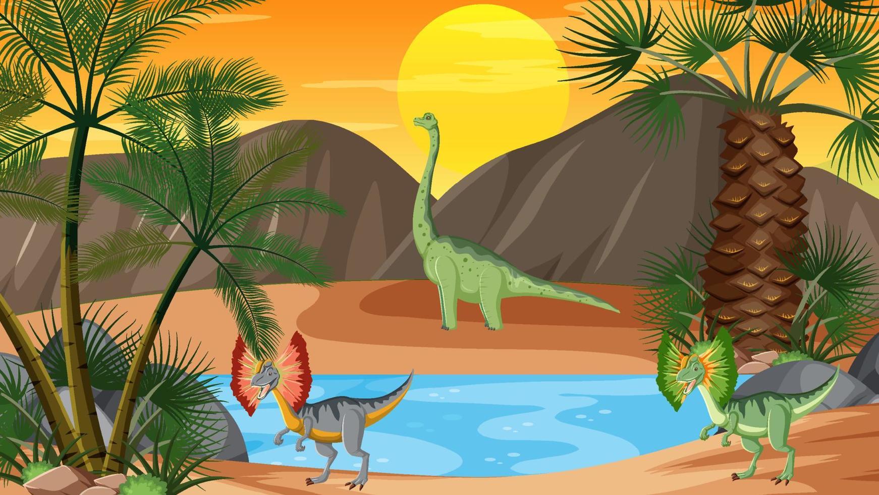 Prehistoric forest background with dinosaur cartoon vector