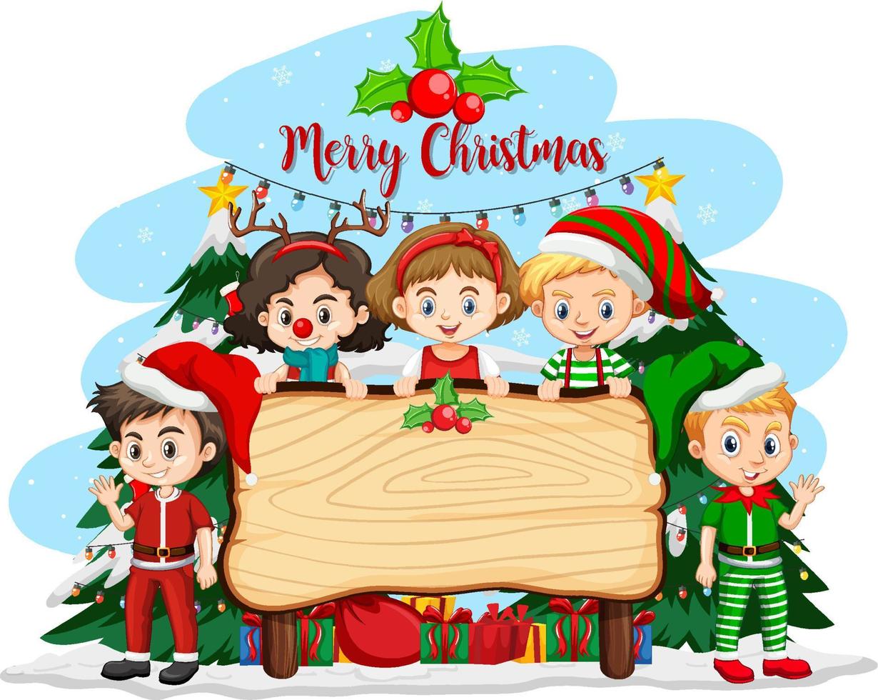Empty banner in Christmas theme with children in Christmas costumes vector