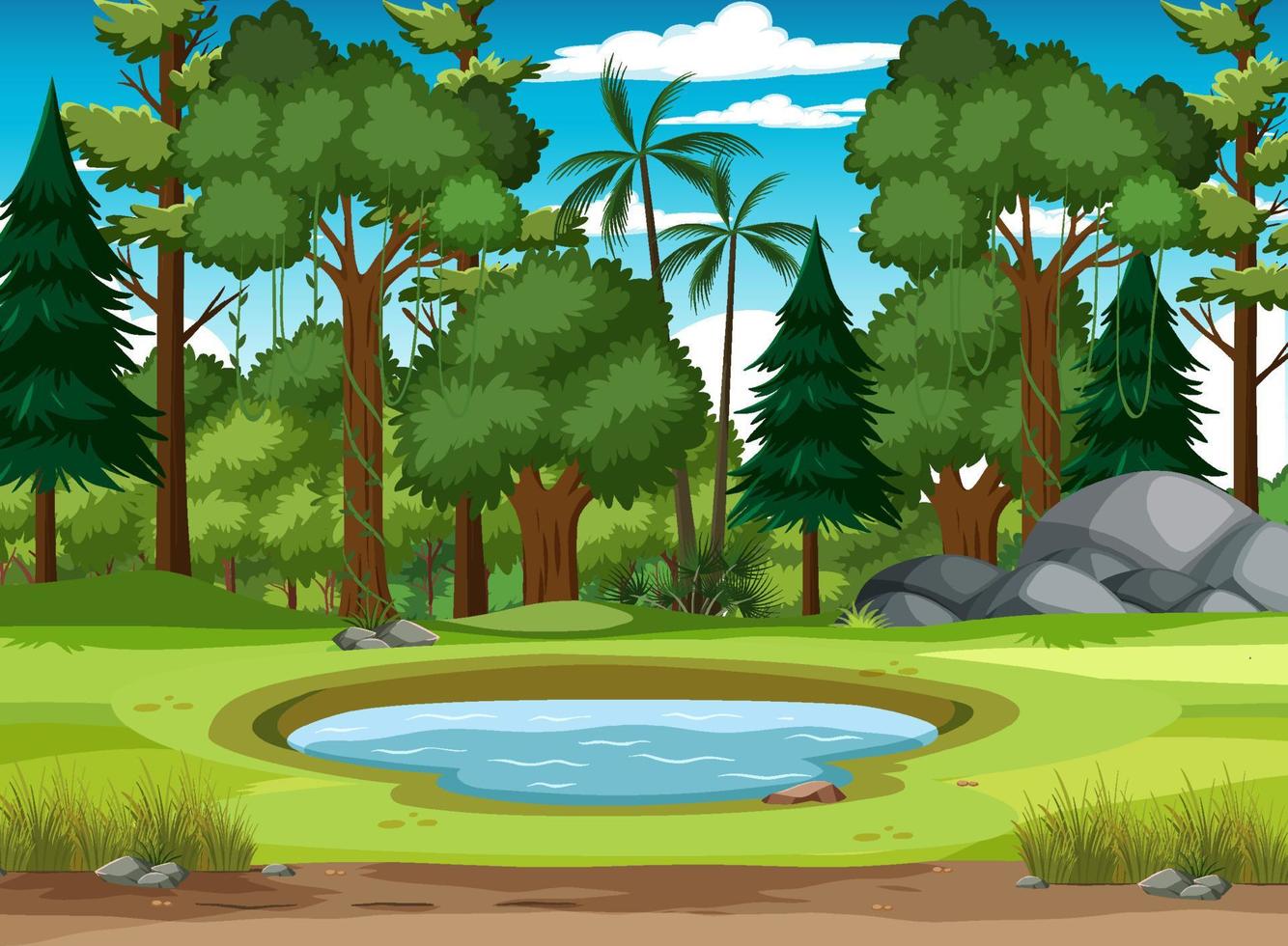 escena con pequeño estanque en el bosque vector