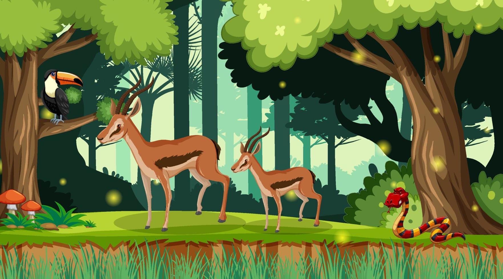 escena con animales salvajes en el bosque vector