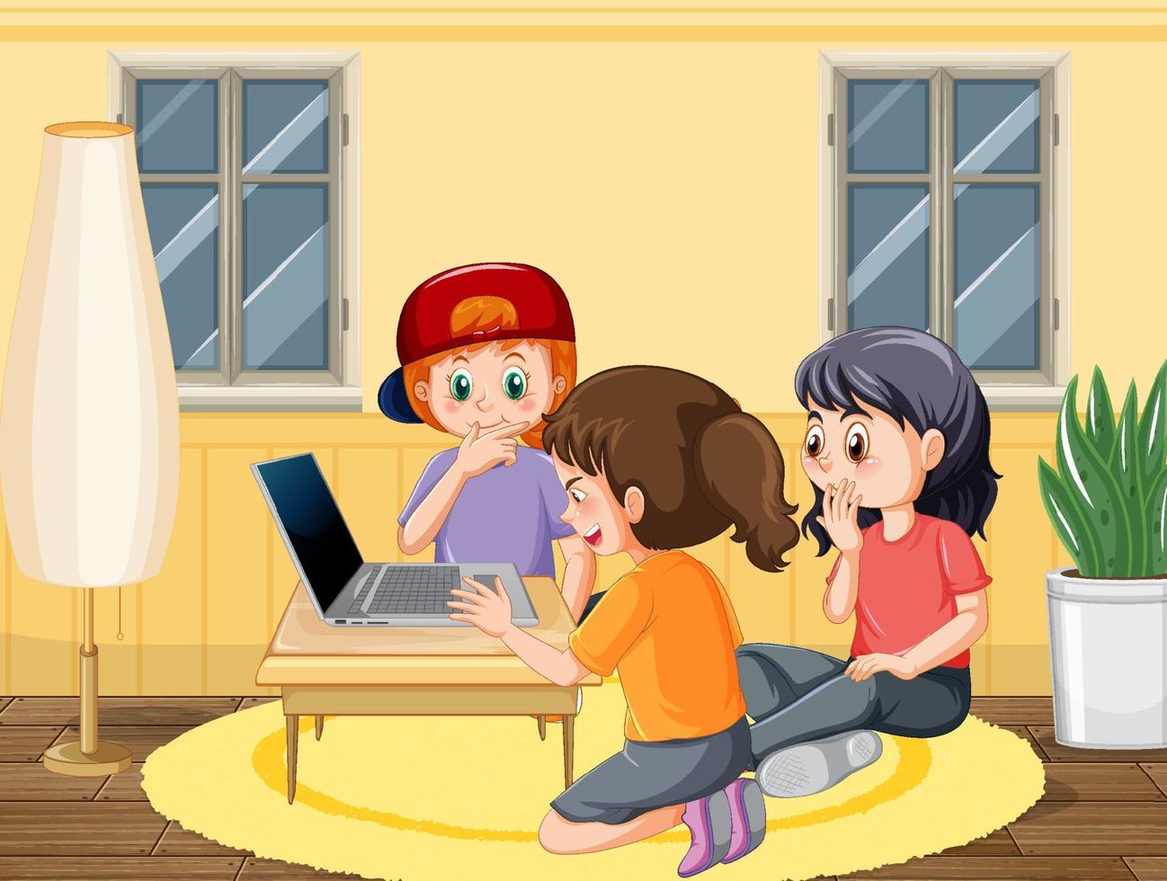 niños felices jugando computadora en casa vector