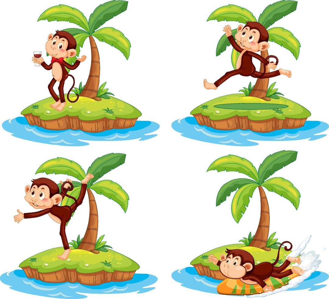 Set of different isolated islands with monkey cartoon characters vector