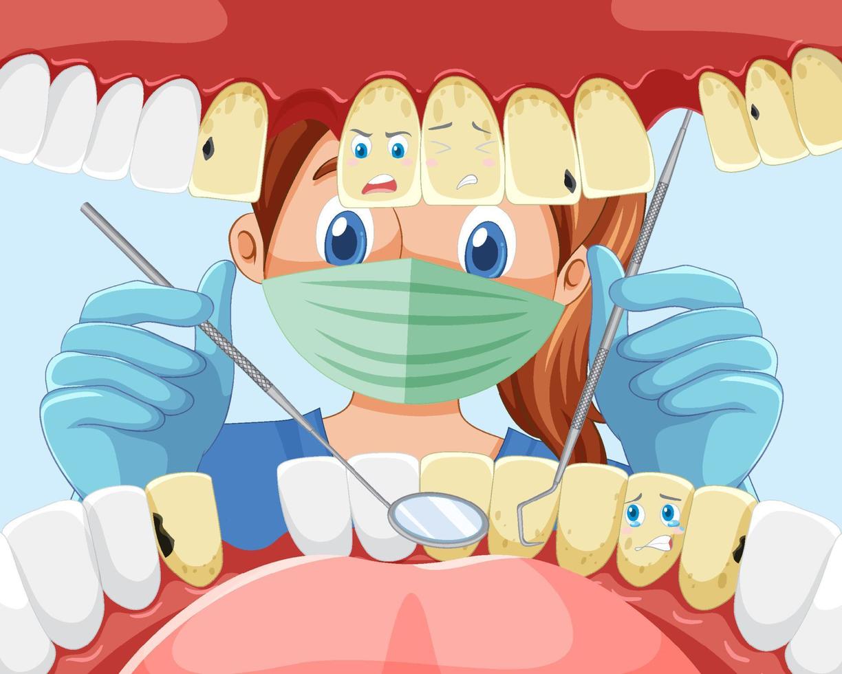 Dentist holding instruments examining patient teeth vector