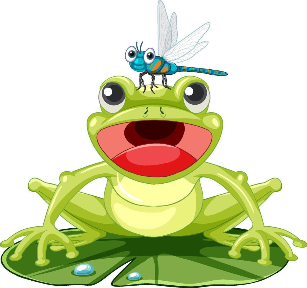 Cartoon frog on lotus leaf with dragonfly vector