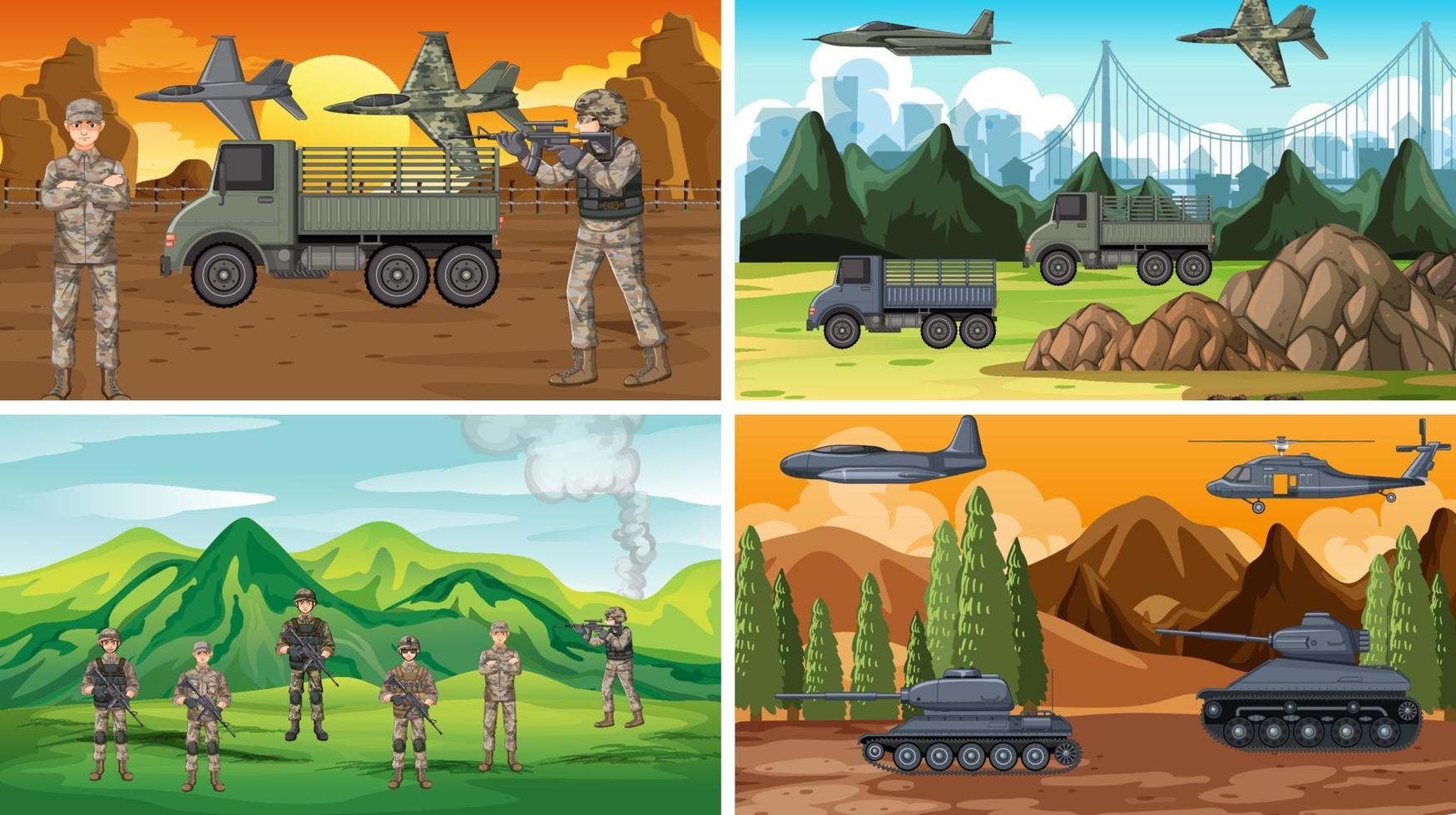 Set of different army war scenes vector