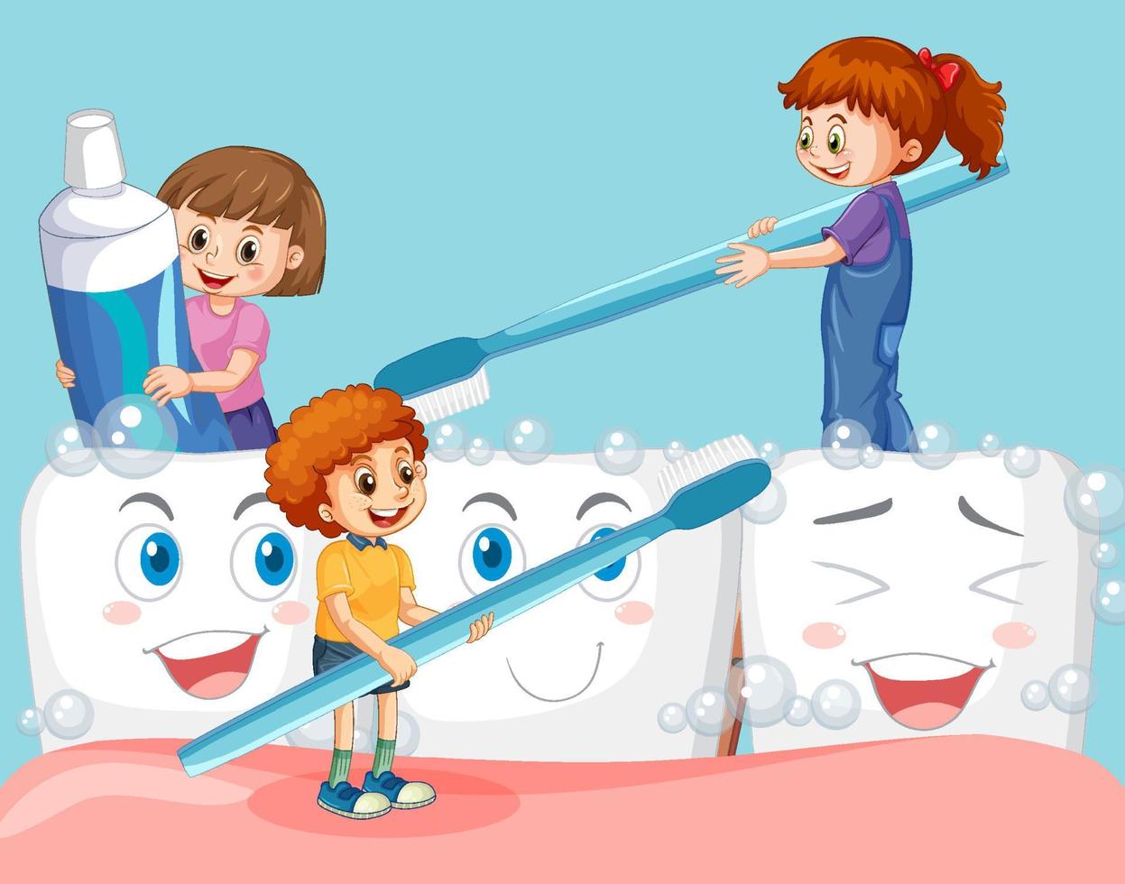 Happy little boy and girls cleaning big happy teeth on blue background vector