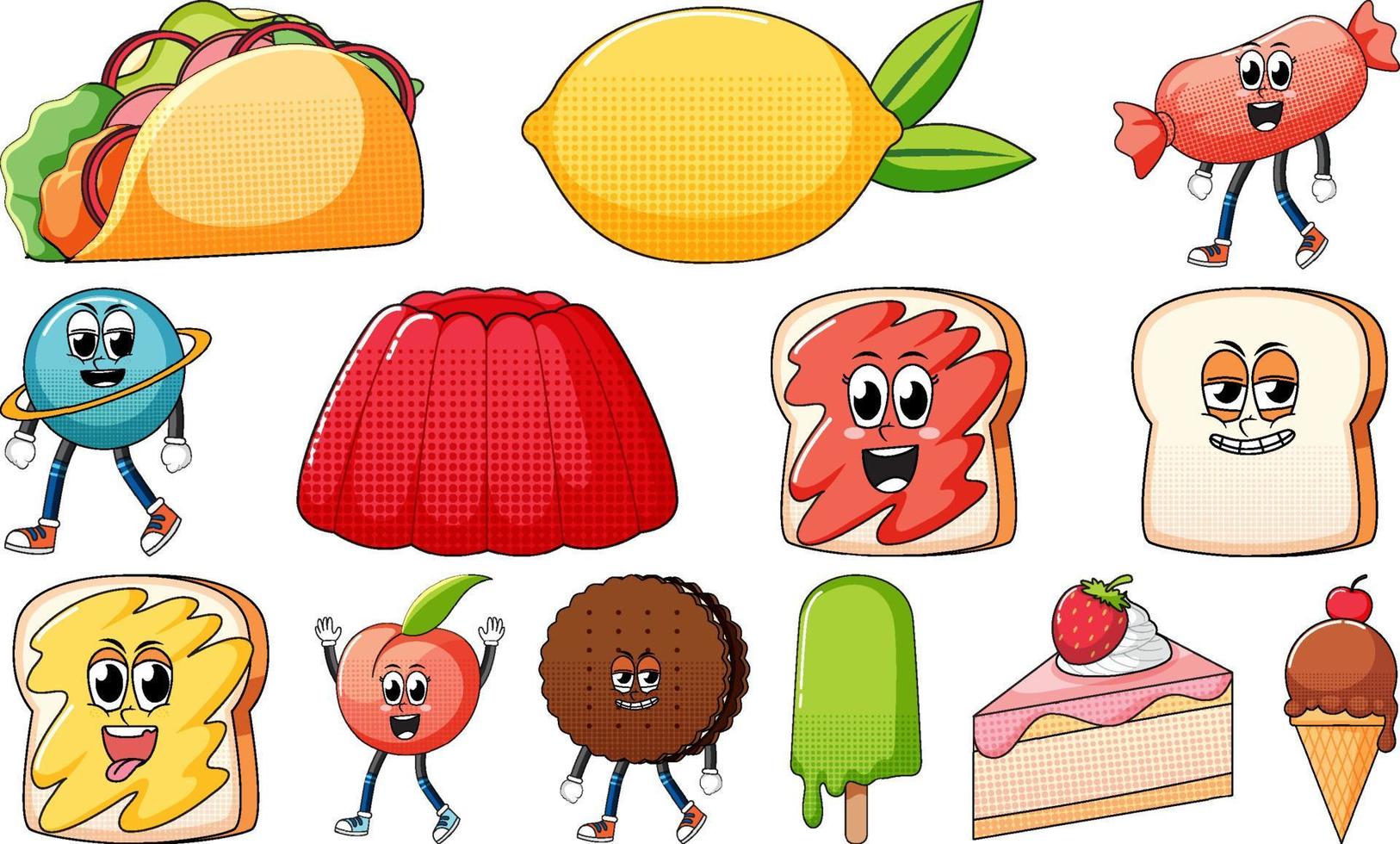 Set of facial expression with vintage style food cartoon on white background vector