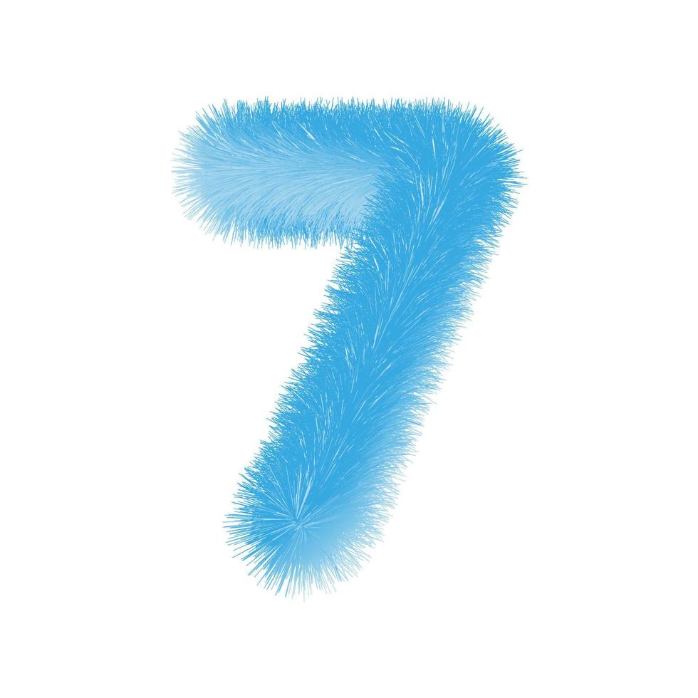 Furry number 7 font vector. Easy editable digit. Soft and realistic feathers. Number 7 with blue fluffy hair isolated on white background. vector