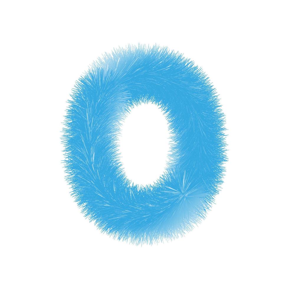 furry número 0 vector de fuente. dígito fácil de editar. Plumas suaves y realistas. número 0 con pelo azul esponjoso aislado sobre fondo blanco.