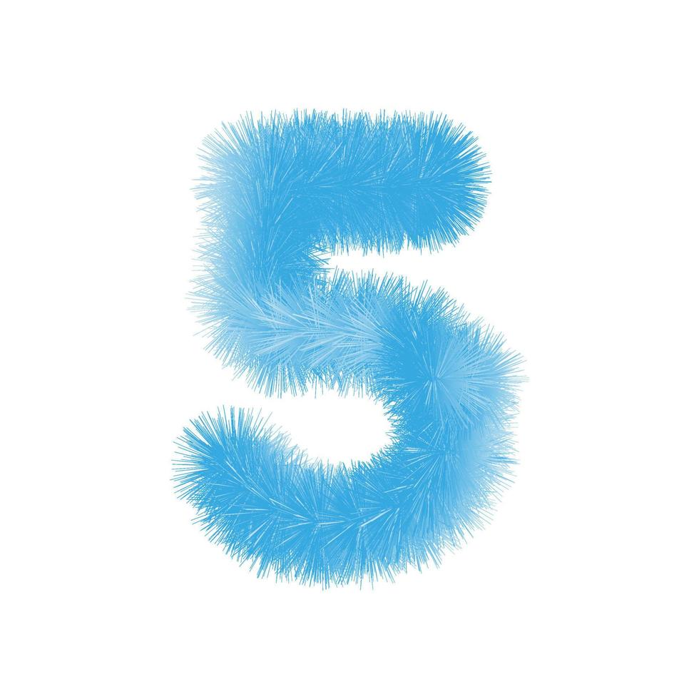 Furry number 5 font vector. Easy editable digit. Soft and realistic feathers. Number 5 with blue fluffy hair isolated on white background. vector