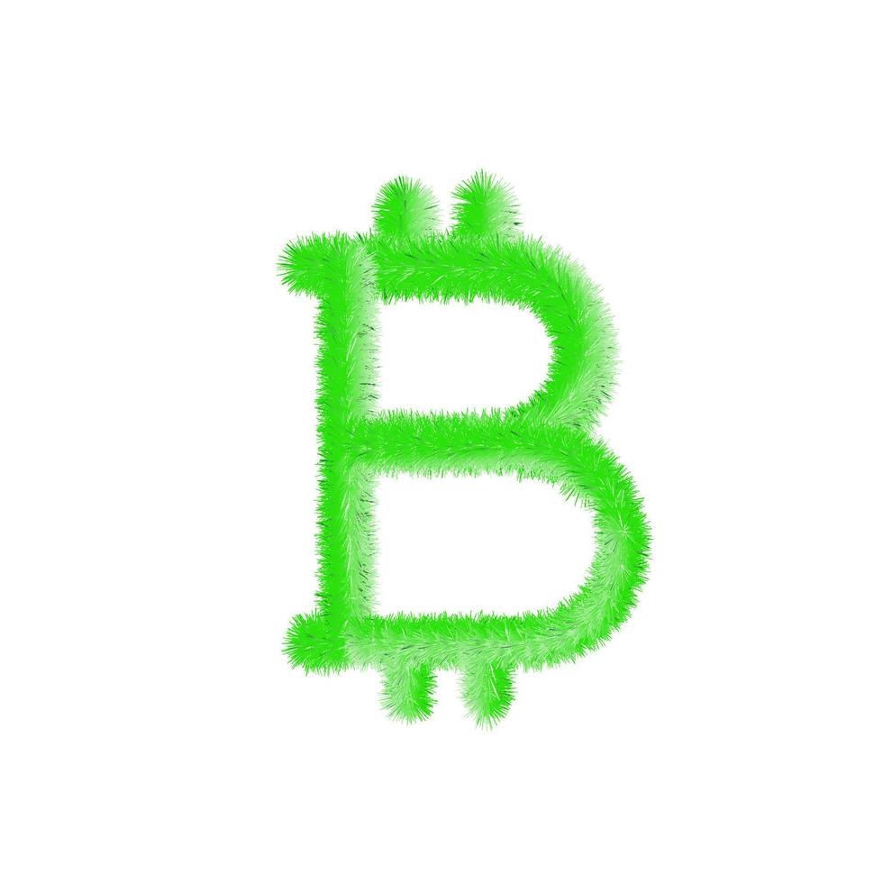 Bitcoin icon grassy and feathered icon. Green btc trading hairy currency. Easy editable money symbol. Soft and realistic feathers. Fluffy green isolated on white background. vector