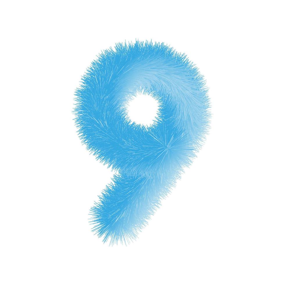 Furry number 9 font vector. Easy editable digit. Soft and realistic feathers. Number 9 with blue fluffy hair isolated on white background. vector