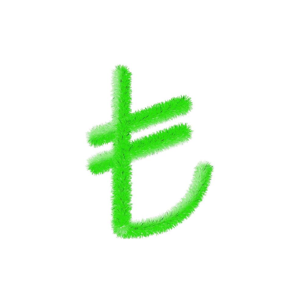 Turkish lira symbol currency grassy and feathered icon. Turkey economy and trade hairy currency. Easy editable money symbol. Soft and realistic feathers. Fluffy green isolated on white background. vector