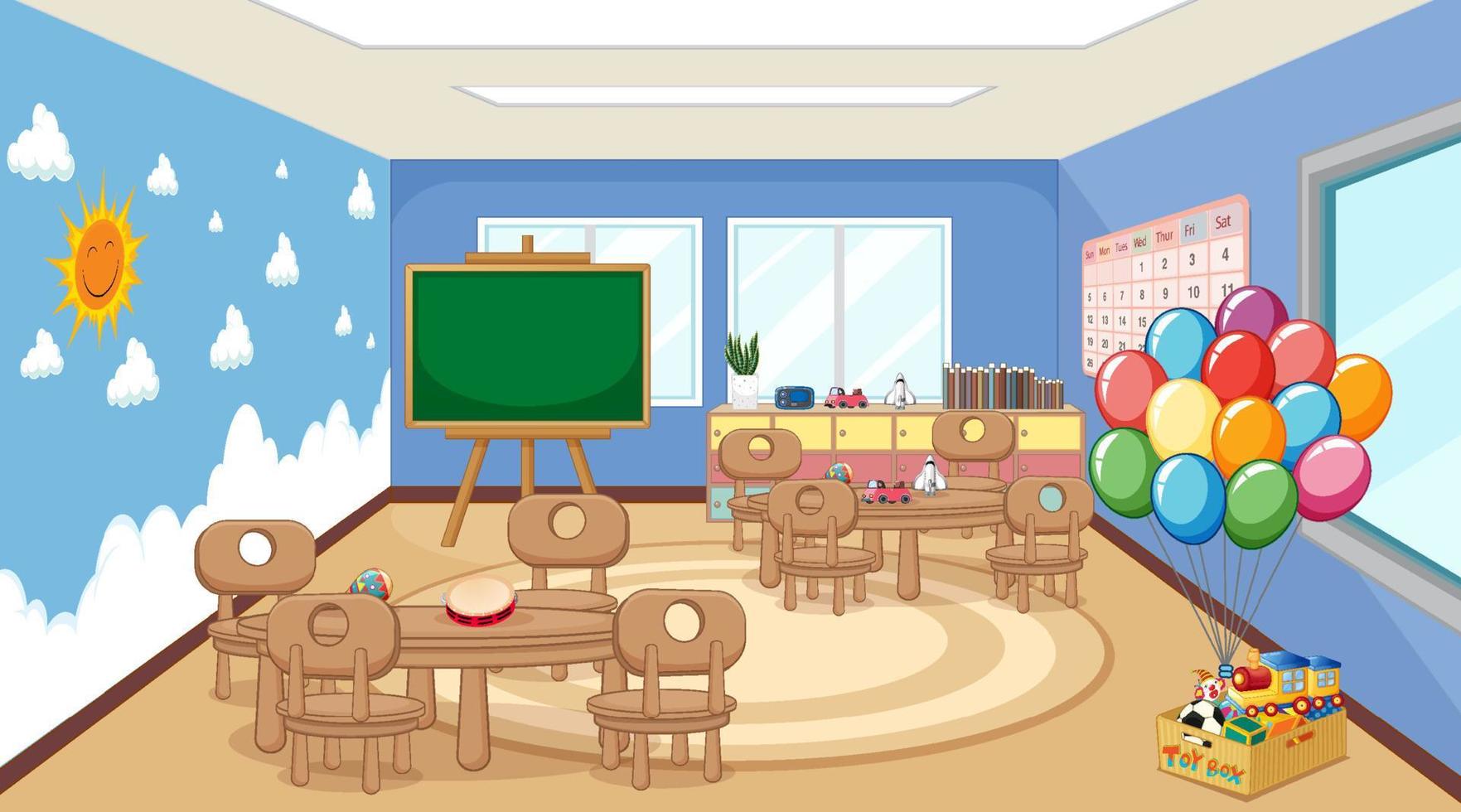 Scene with tables and chairs in classroom vector