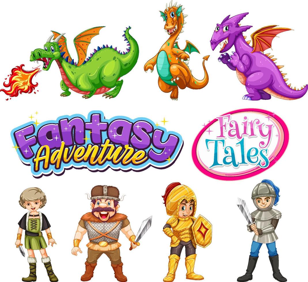 Set of dragons and fairy tale cartoon characters vector