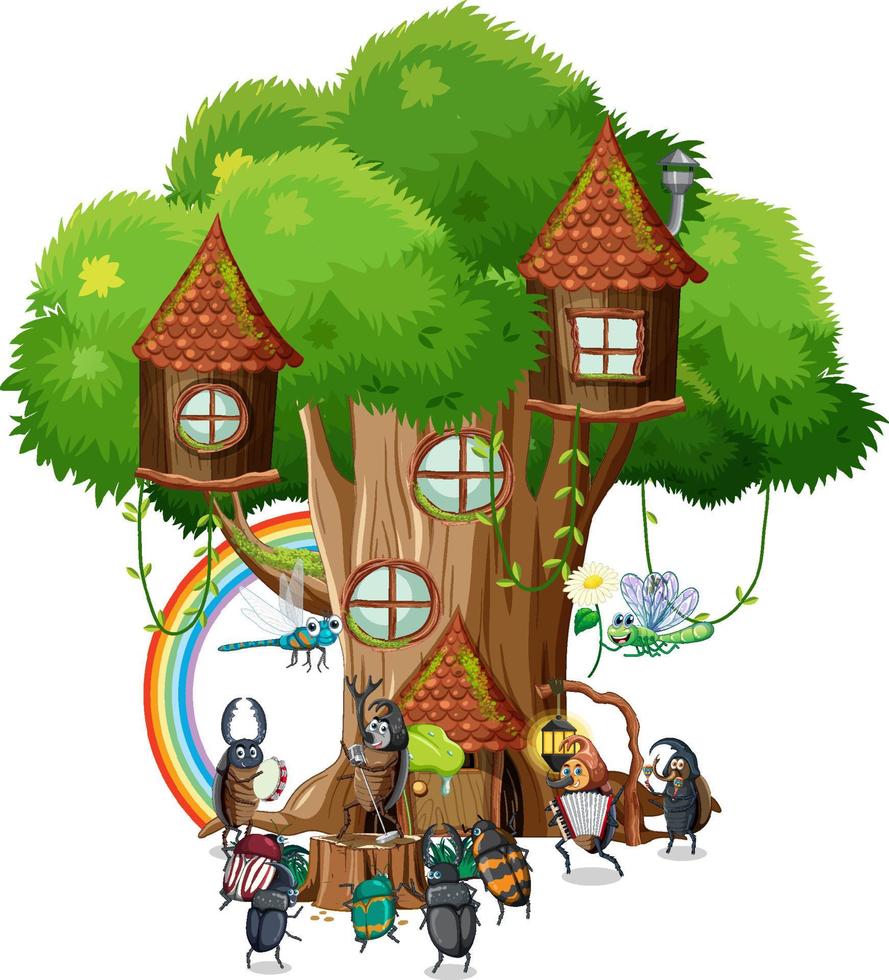 Happy insect cartoon at fairy tree house vector