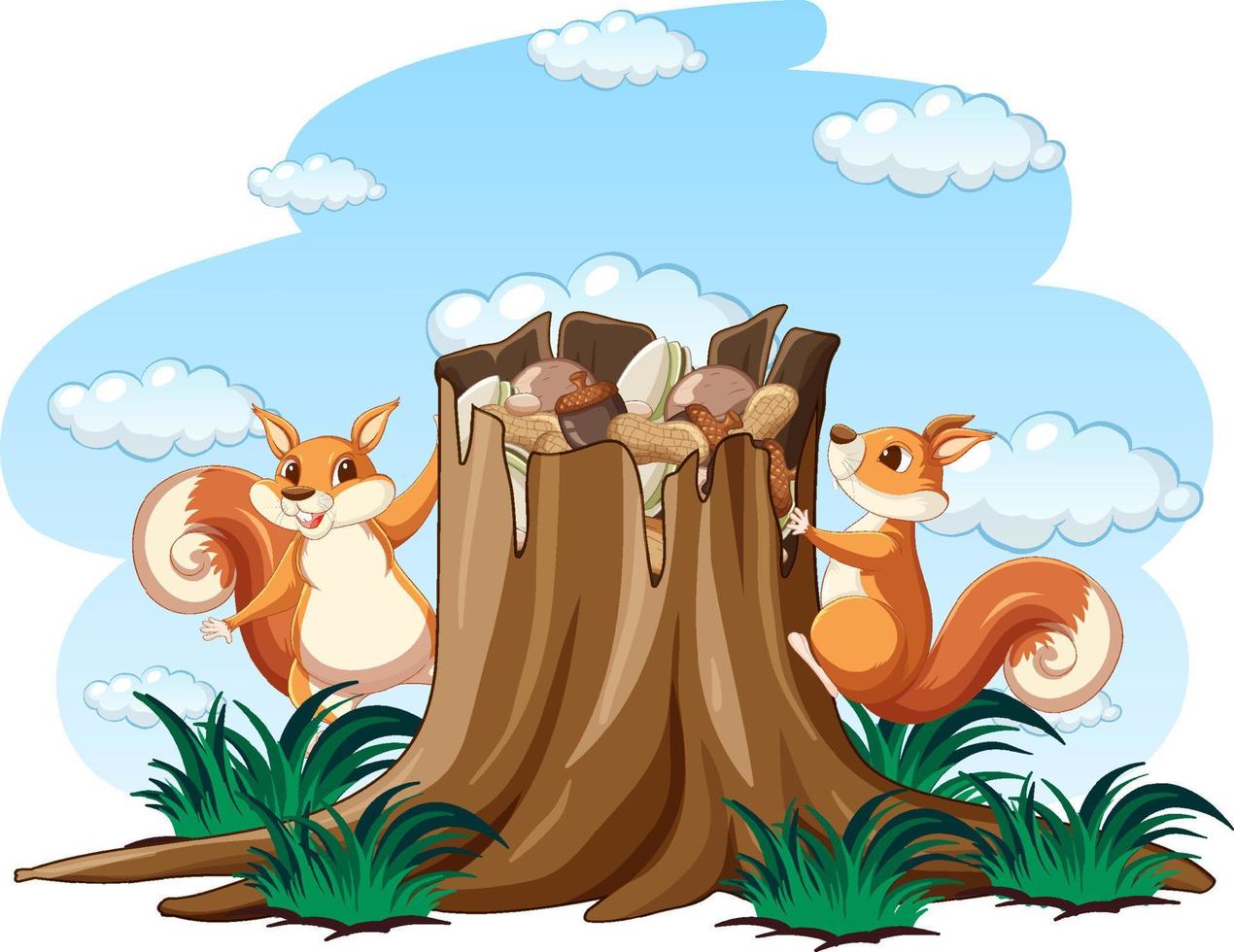 Two squirrels and nuts in the garden vector
