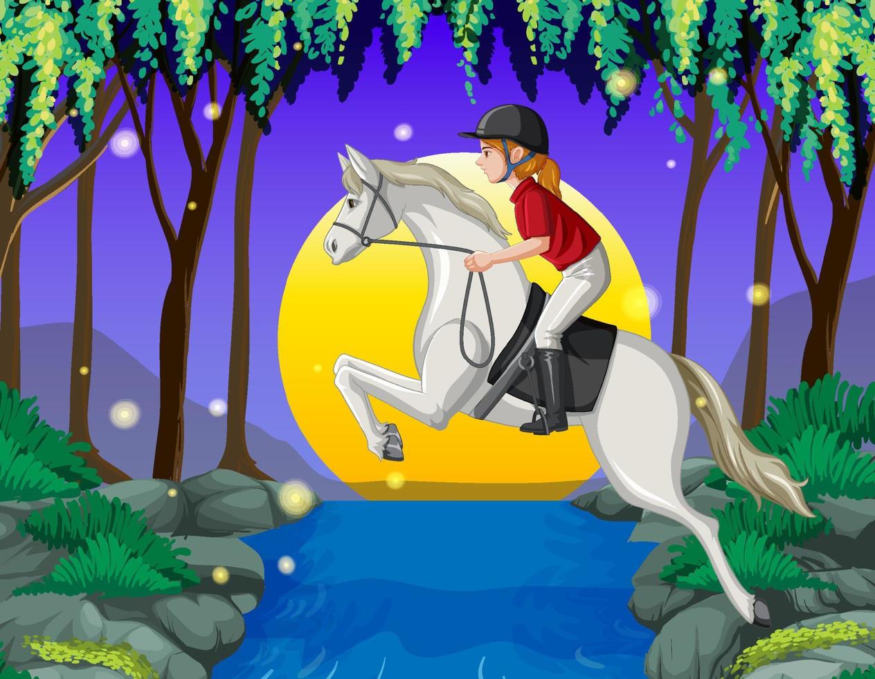 A scene of girl riding on a horse at night vector