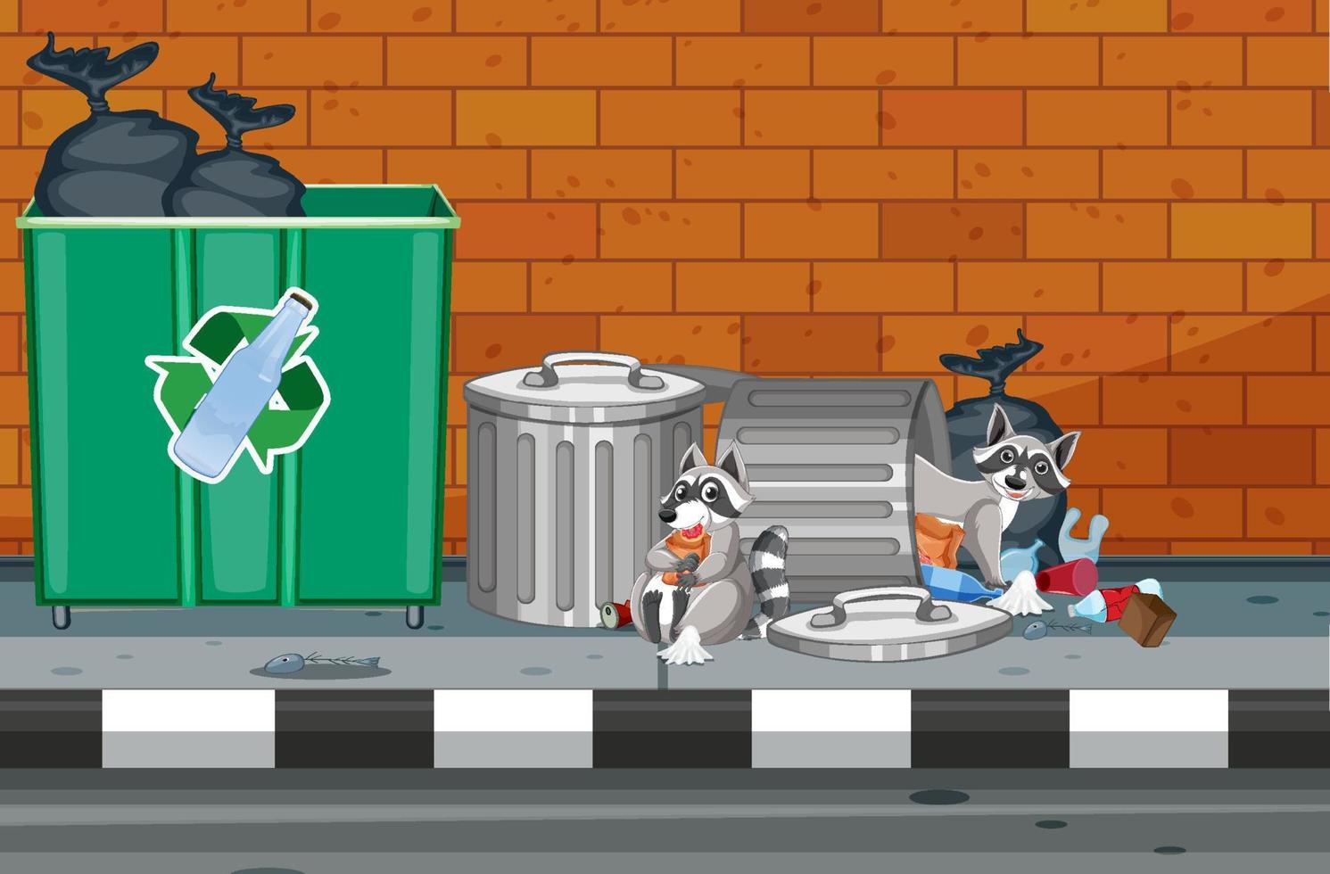 Raccoons searching trashcan full of dirty bags and plastic vector