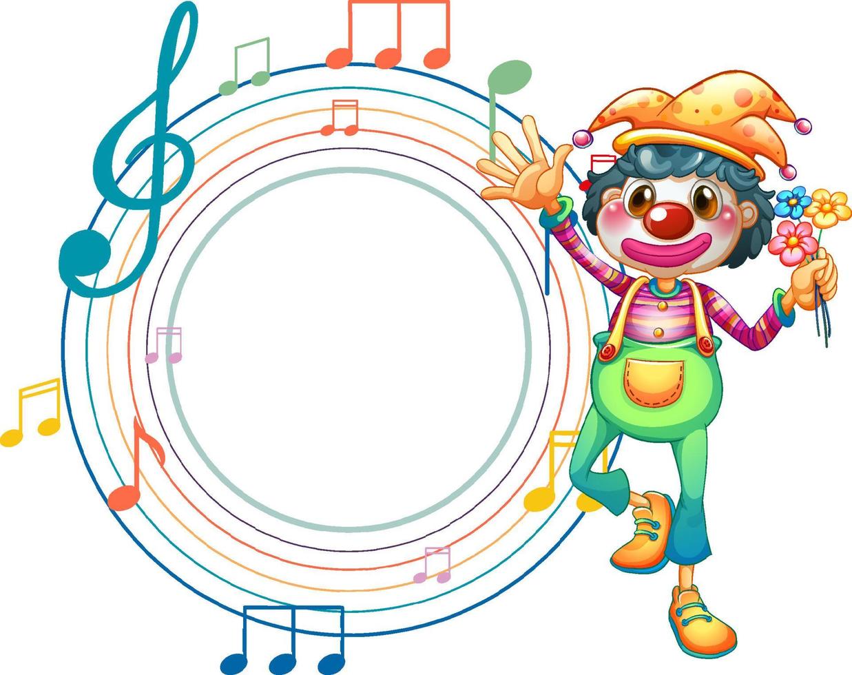 lindo payaso con plantilla de nota musical en blanco vector