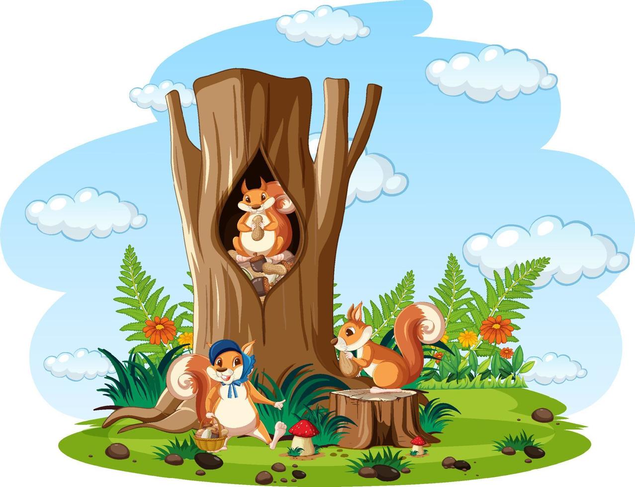 Scene with three squirrels in the garden vector