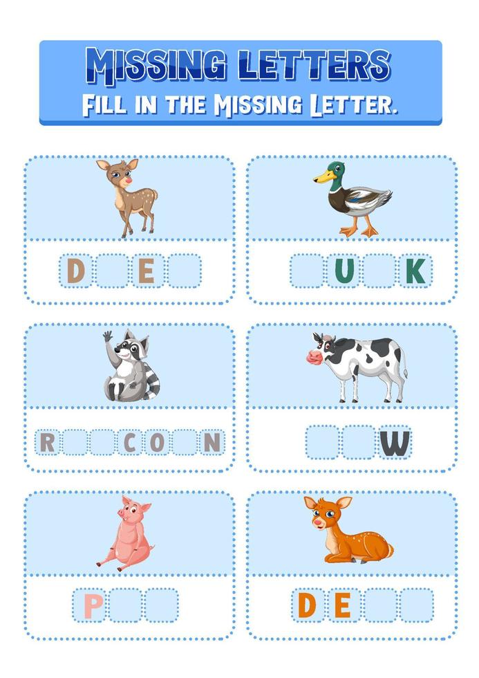Fill the missing letter of each word worksheet for children vector