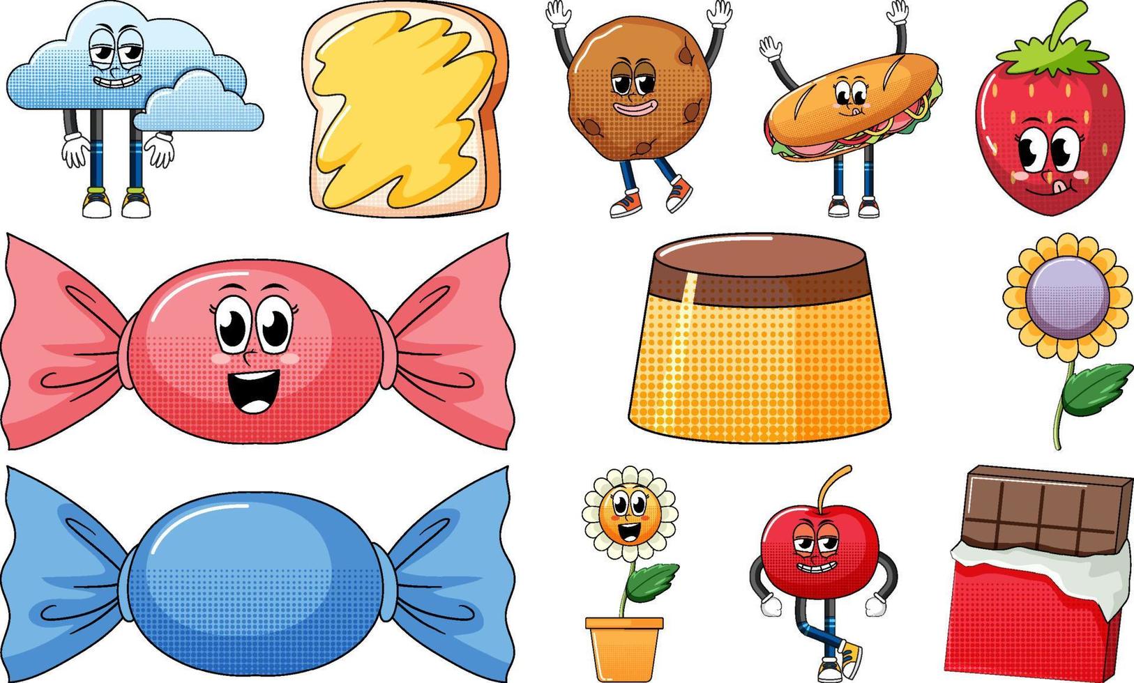 Set of facial expression with vintage style food cartoon on white background vector