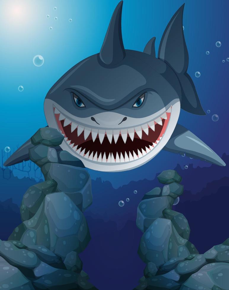 Aggressive shark underwater deep sea background vector