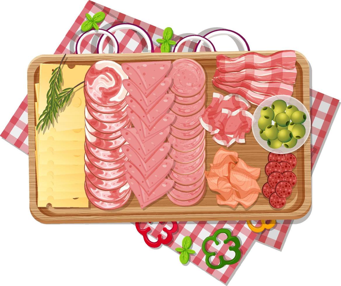 Top view of lunch meat on a wooden tray vector