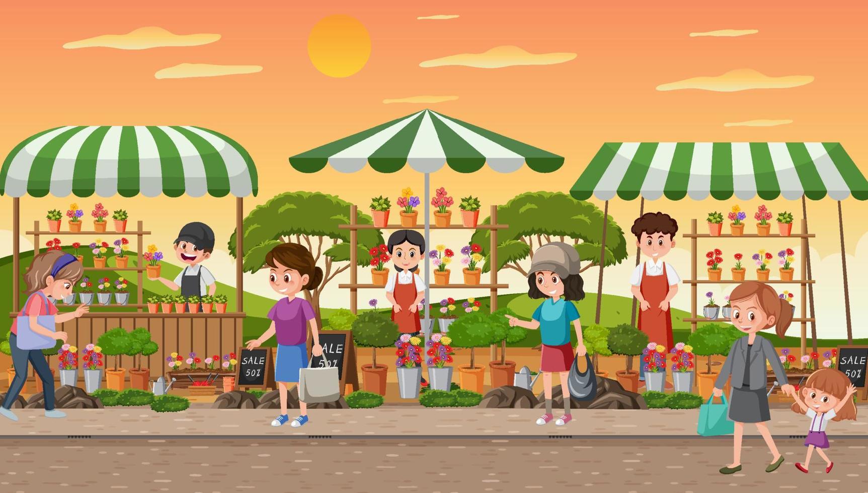 Flea market scene in cartoon style vector