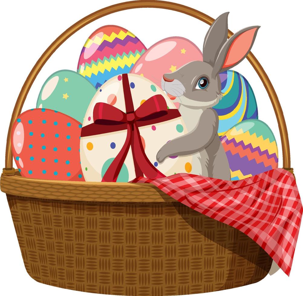 Gray bunny sitting in basket full of eggs vector