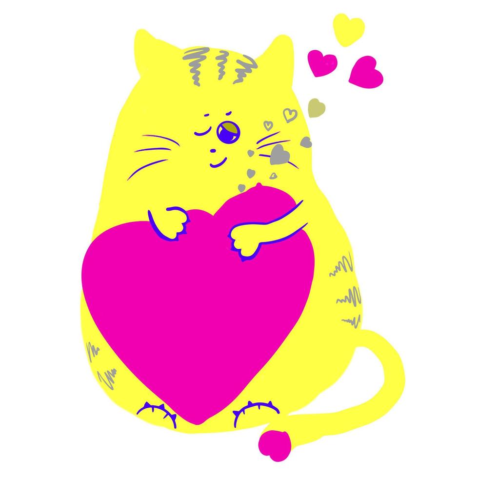 cute drawn domestic cat in cartoon style with heart, vector illustration