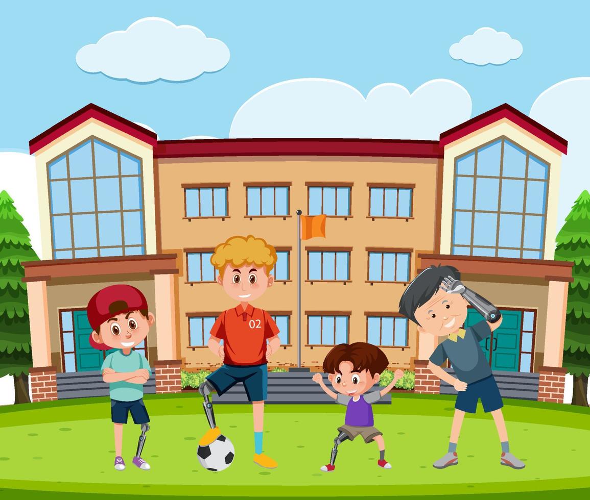 Artificial body part concept with amputees cartoon character vector