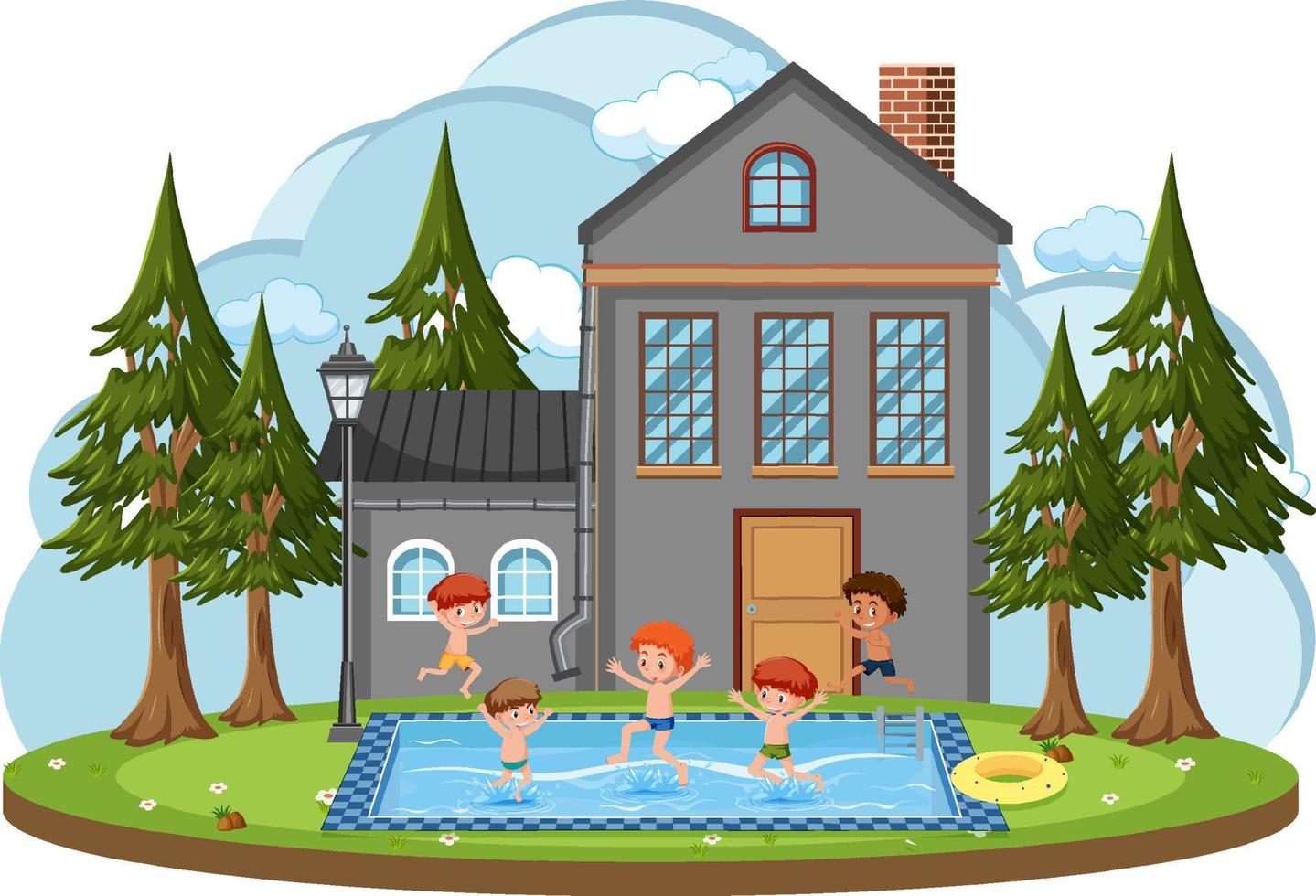 In front of house with children swimming in the pool vector