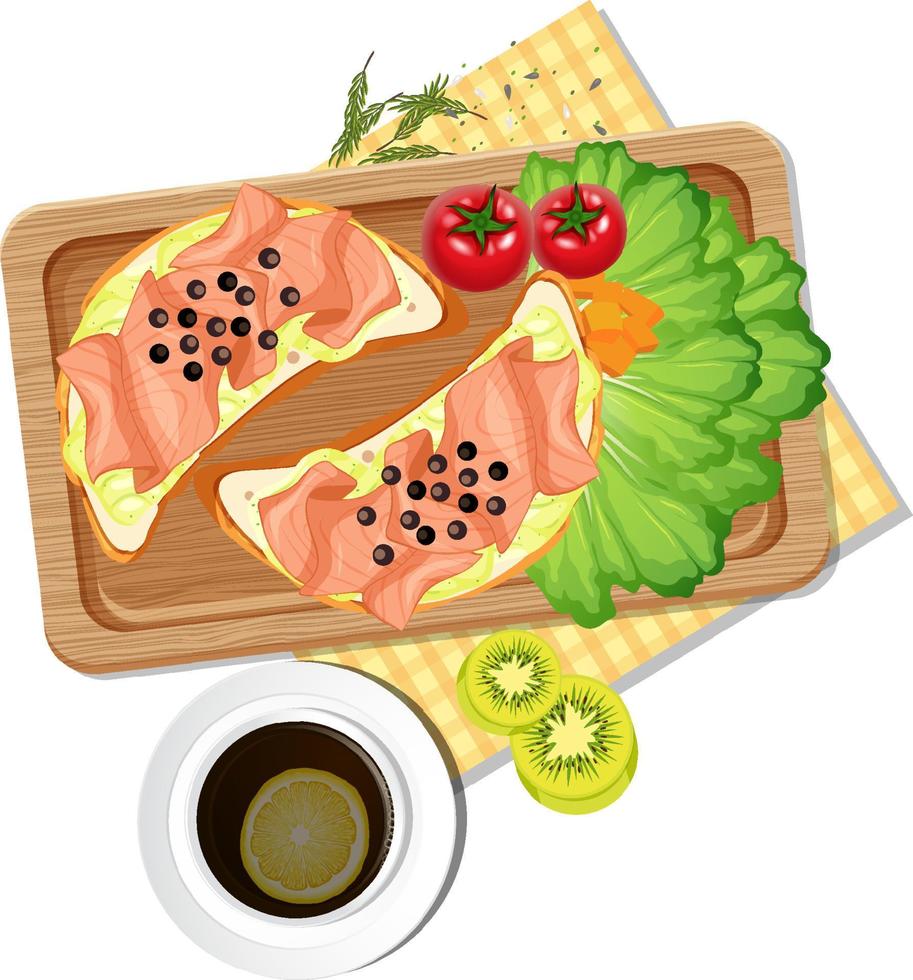 Top view of breakfast on wooden tray vector