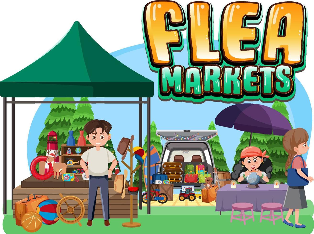 Flea market concept with cartoon character vector
