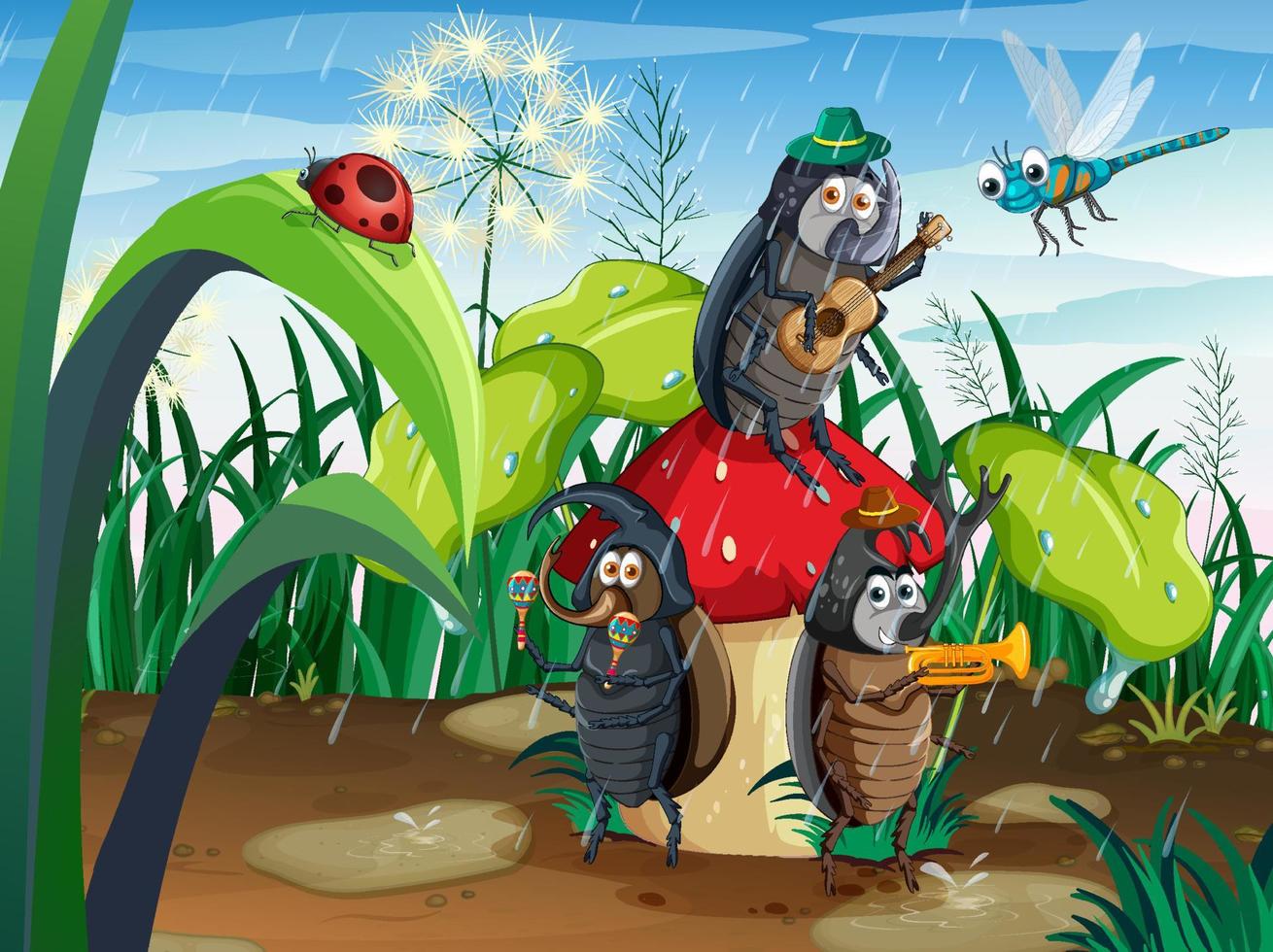 Fantasy forest with cartoon insects vector