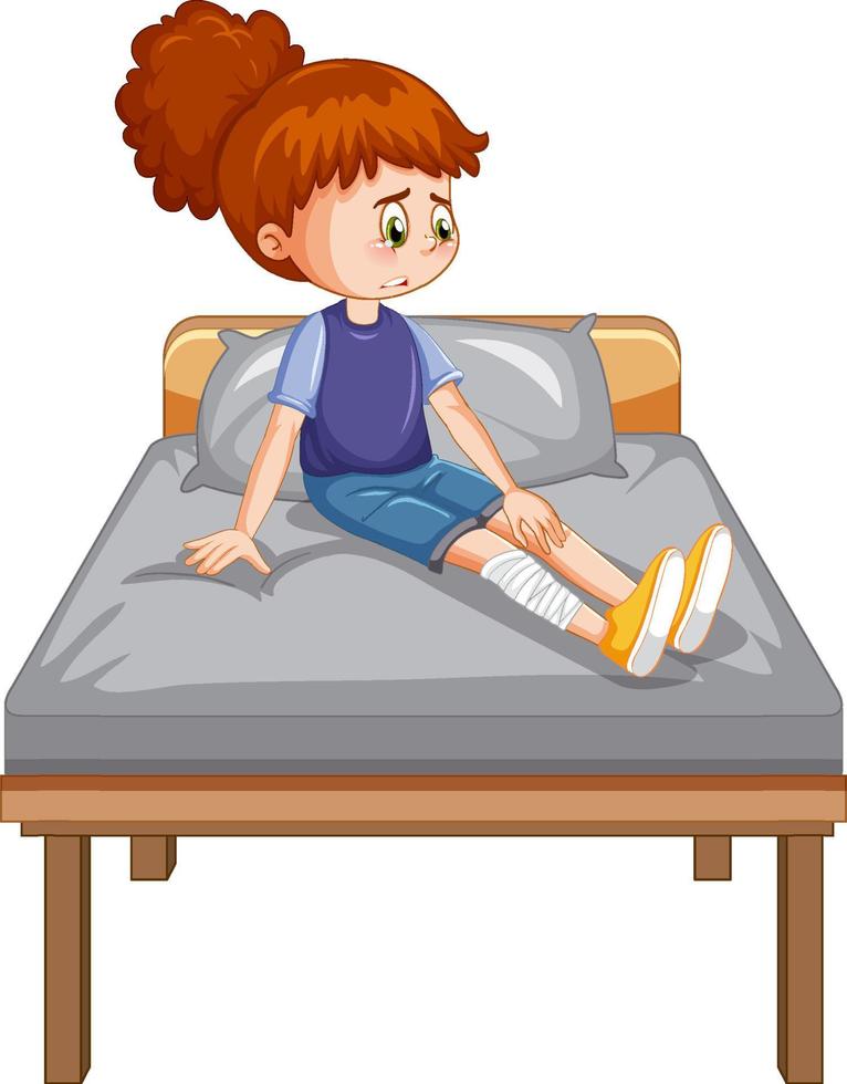 A girl with injure leg crying on the bed vector