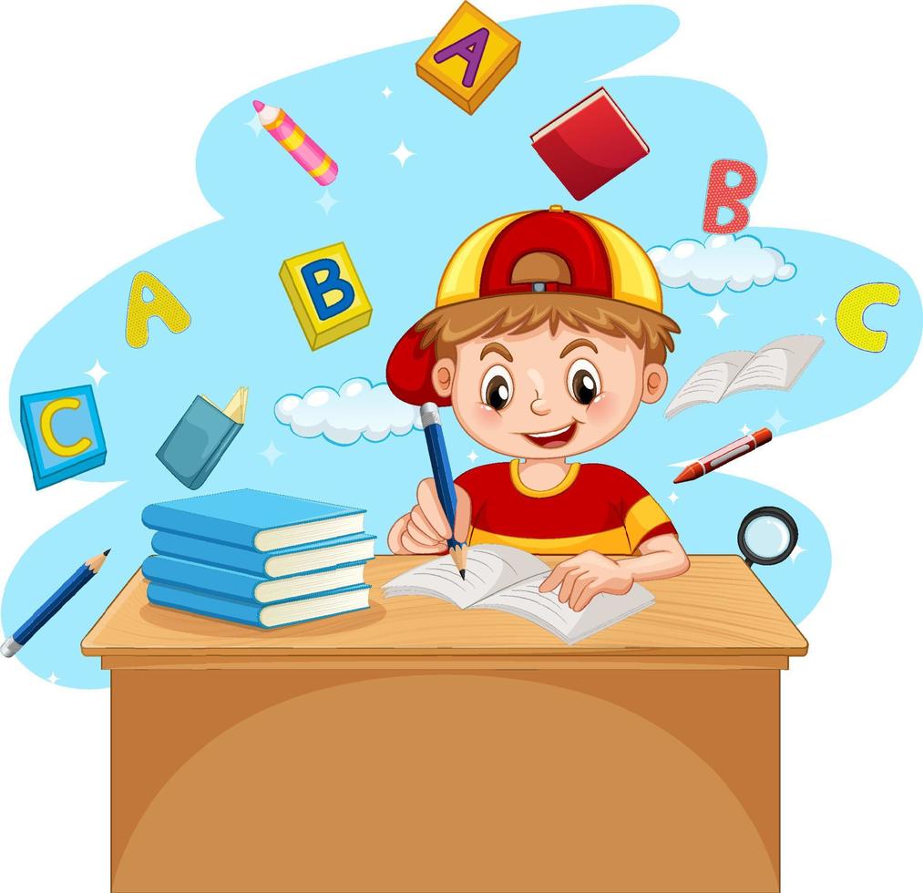 A boy doing homework with books on white background vector