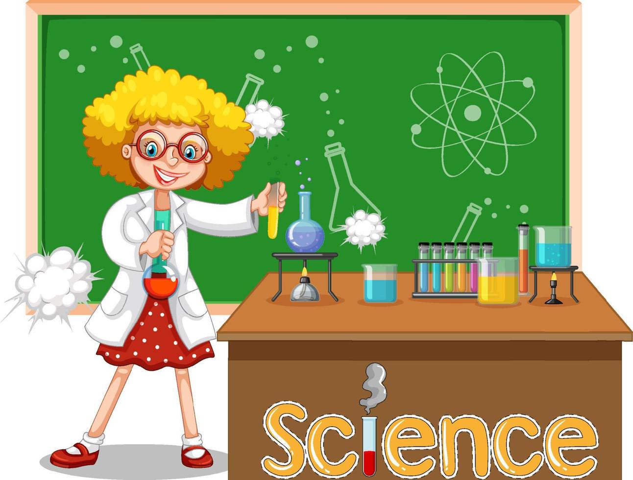 Scientist woman cartoon character with laboratory equipments vector