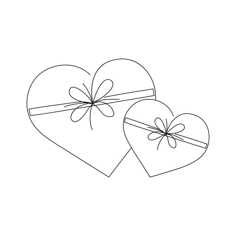 Two hearts shaped gift boxes drawn by one line. Festive sketch. Continuous line drawing romantic art. Minimalism. Vector illustration.