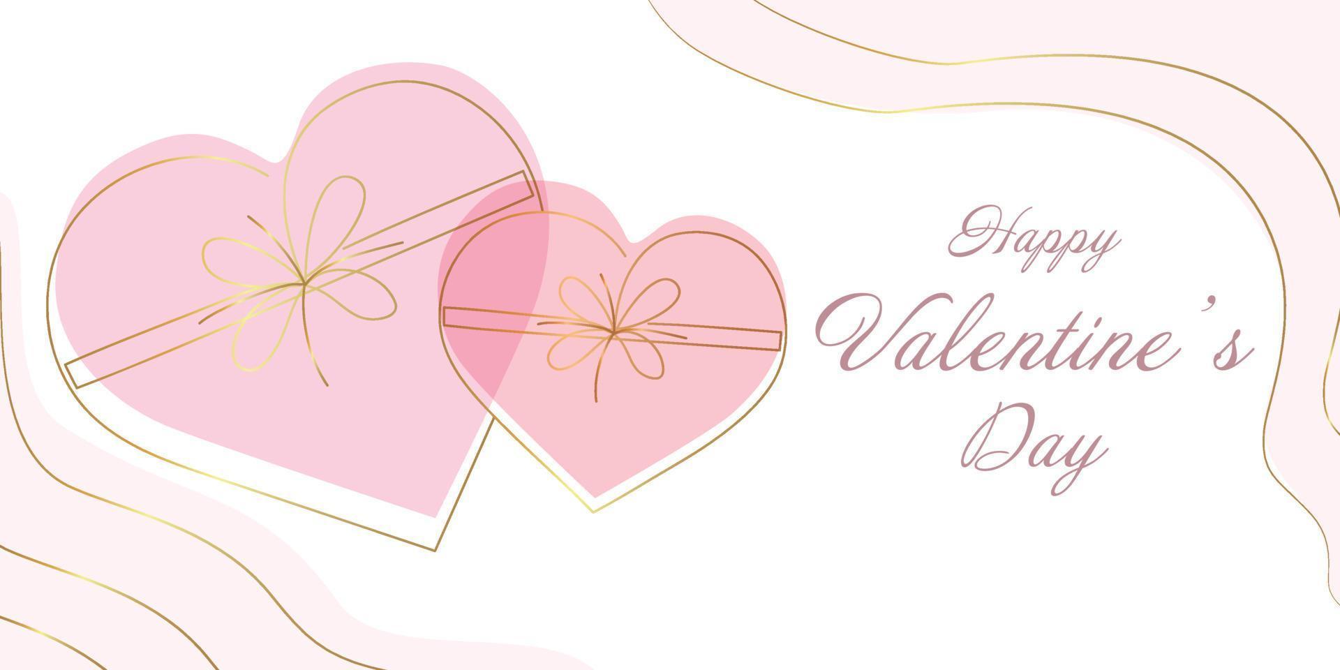 Happy Valentine's Day concept, greeting banner design. Golden gift boxes drawn by one line, pink decoration elements, text. Invitation card template. Festive vector illustration.