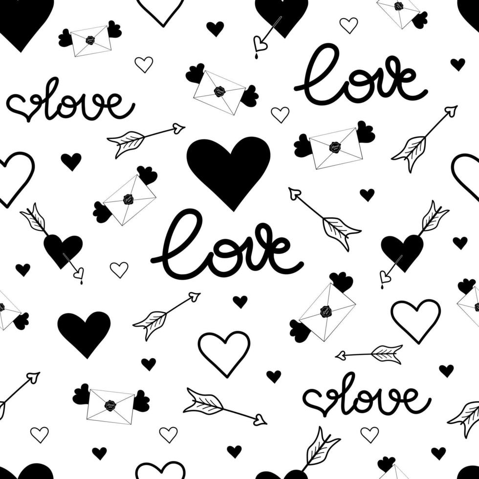 Vector illustration of a cute simple seamless pattern with black elements in honor of Valentine's Day on a white background. Hearts, arrow, winged letter, in flat style.