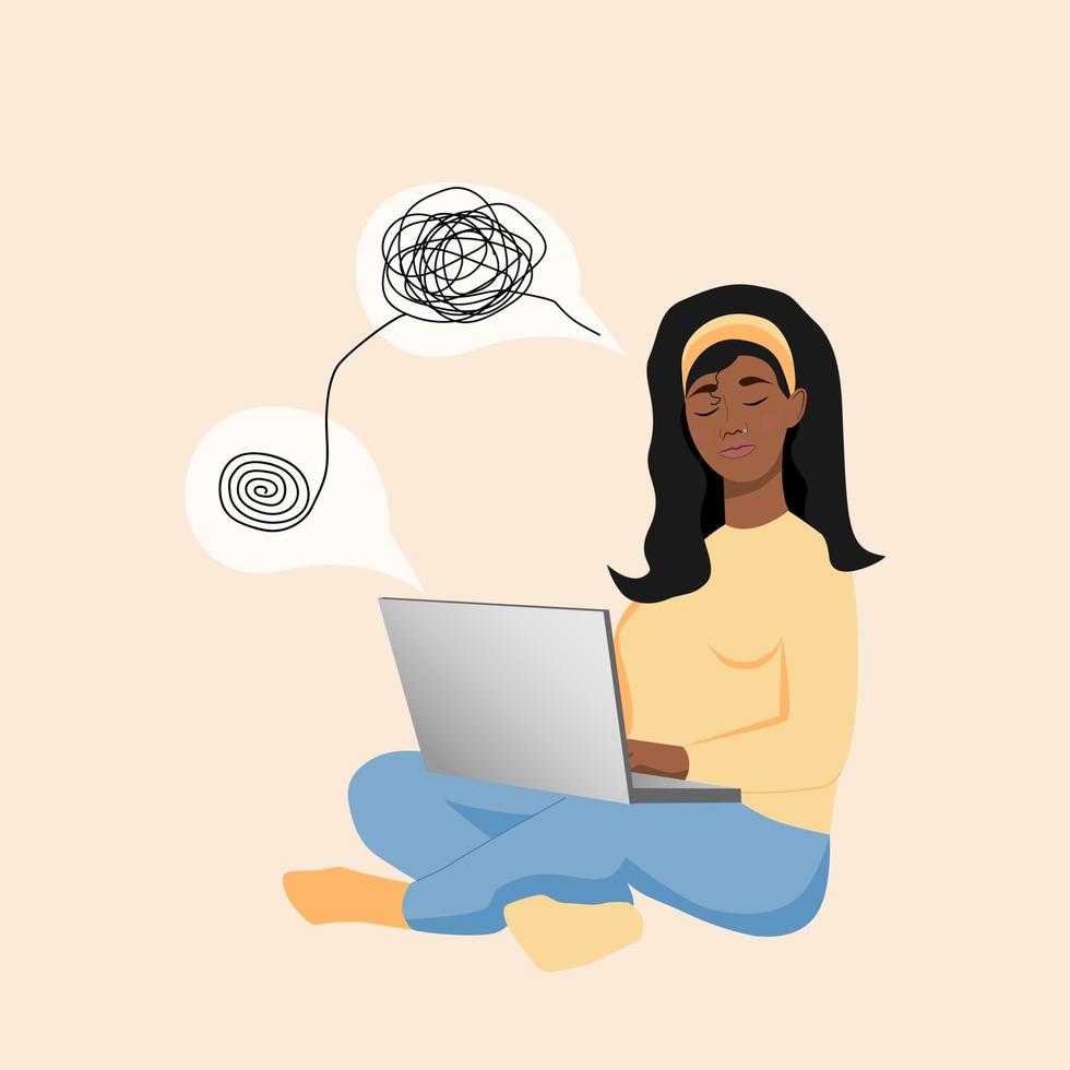 Concept of online consultation with a psychotherapist. Young afro american woman, laptop. Vector illustration in cartoon style.