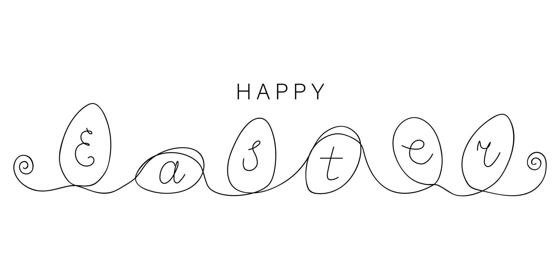 Happy Easter text with rolling eggs drawn by one line. Festive sketch. Horizontal greeting banner. Minimalist art. Simple vector illustration.