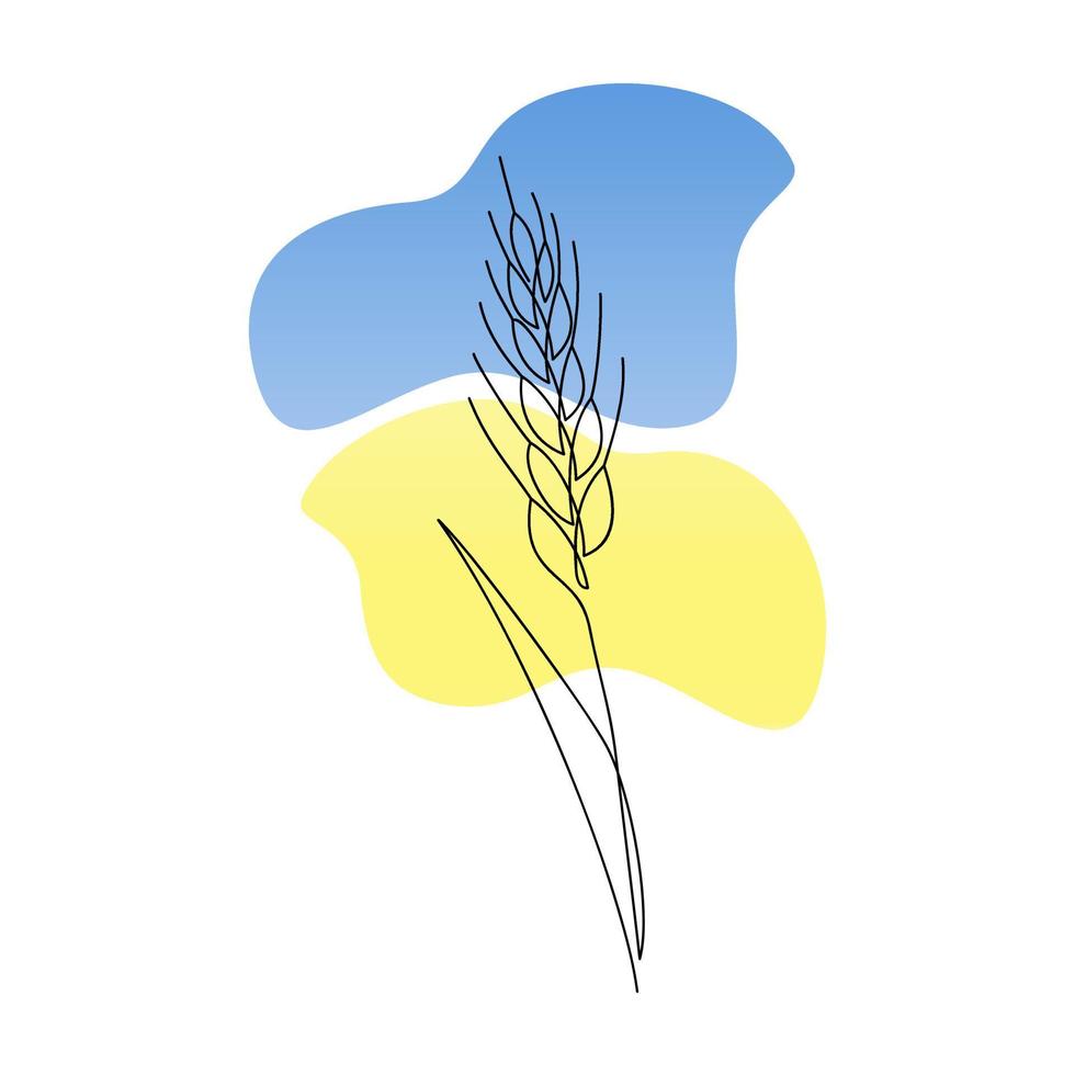 Wheat branch drawn in one line against the background of the Ukrainian flag. Agricultural country symbol. Floral sketch. Continuous line drawing ripe ears. Minimalist art. Vector illustration.