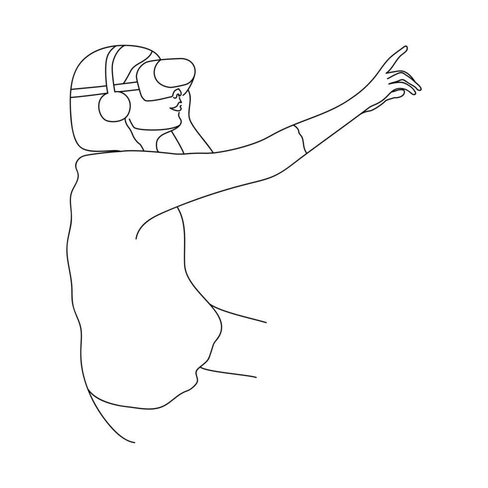 Minimalist line art young woman in a helmet virtual reality glasses, controllers VR, play virtual games. Vector illustration.