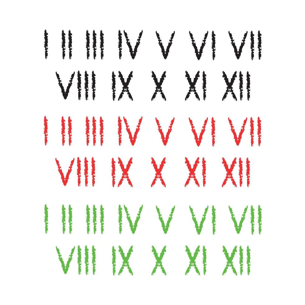 Set of roman numerals with grunge texture in black, red, green colors. Hand made brush. Vector illustration.