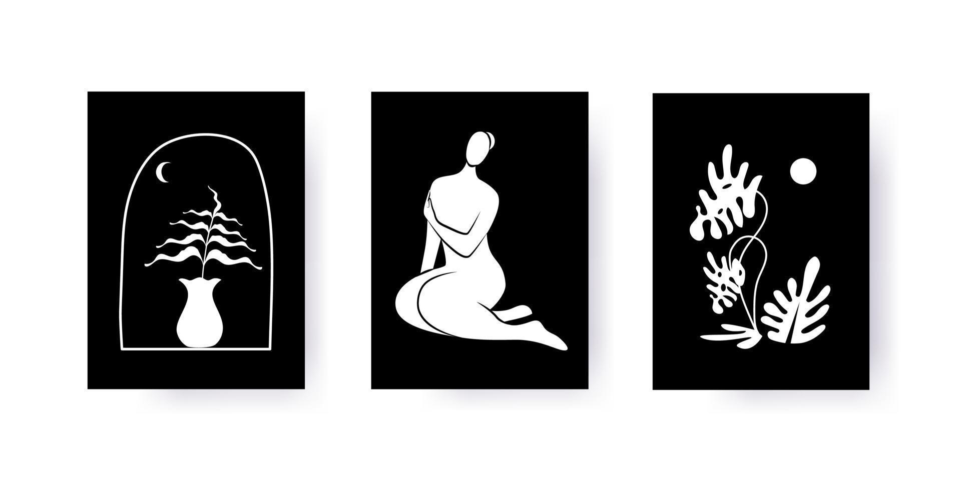 Set of abstract creative posters in black and white color. Matisse style. Triptych. Plants, vase, female body. Design for wall decor, cover, wallpaper, print, card. Vector illustration.