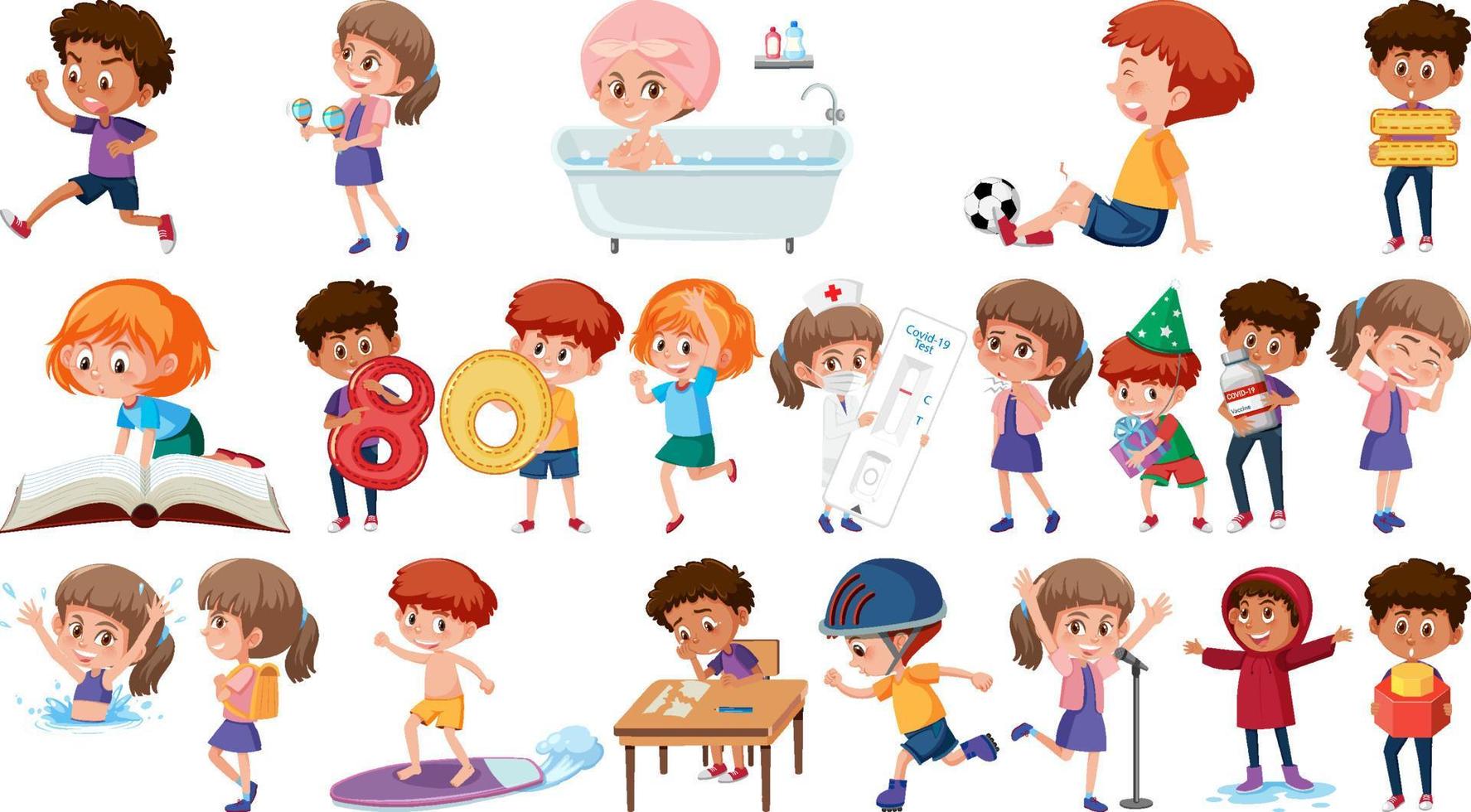 Set of children doing different activities on white background vector